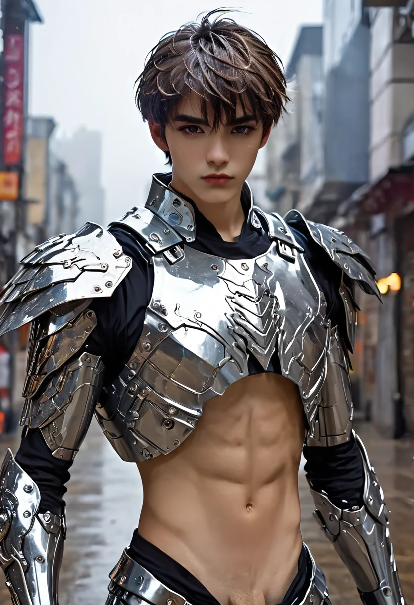 {{master piece}}, best quality, photograph of sexy twink, scantily clad, small flat chest, armor exposes his bare chest and bare torso, handsome detailed eyes, handsome boyish face, detailed cyberpunk city, flat chest, handsome detailed hair, wavy hair, handsome detailed street, mecha clothes, robot boy, cool movement , skinny twink body,{filigree},dragon wings, colorful background, rainy days, {lightning effect}, beautiful, detailed sliver dragon armor，