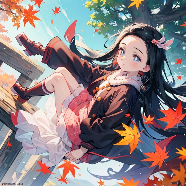 Sweet cute Nezuko enjoying autumn leafs falling.