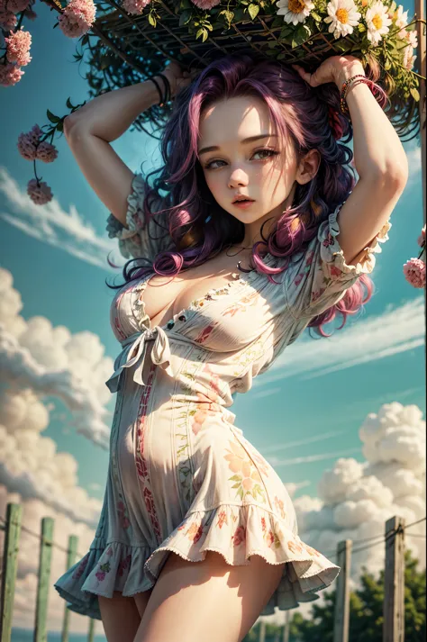 masterpiece, best quality, spring outfit, colorful hair,  outdoor,cloud ,upper body,