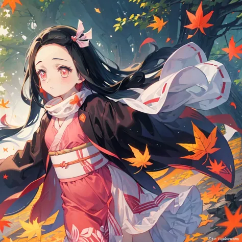 sweet cute nezuko enjoying autumn leafs falling.