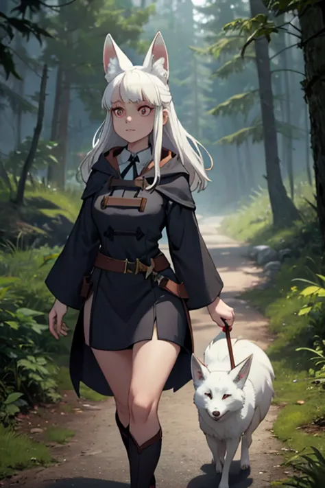 a white haired female witch with copper eyes and white fox ears and a white fox tail in a conservative witch's uniform is walkin...