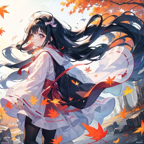 sweet cute nezuko enjoying autumn leafs falling.