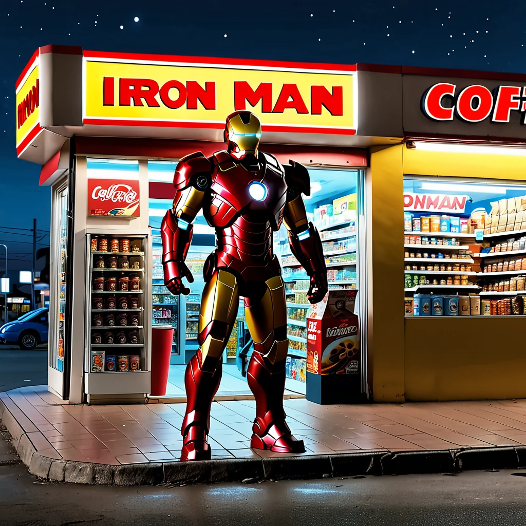 Iron Man landing outside a Convenience store at midnight, buying coffee. Big didital clock clearly visible, high-quality artwork, realistic style, vibrant colors, detailed metal armor, glowing arc reactor, intense lighting, cityscape background, heroic pose, dramatic shadows, iconic red and gold suit, steam coming from the coffee cup, dynamic motion, power lines in the composition, futuristic technology, mysterious atmosphere, sense of adventure, epic superhero.