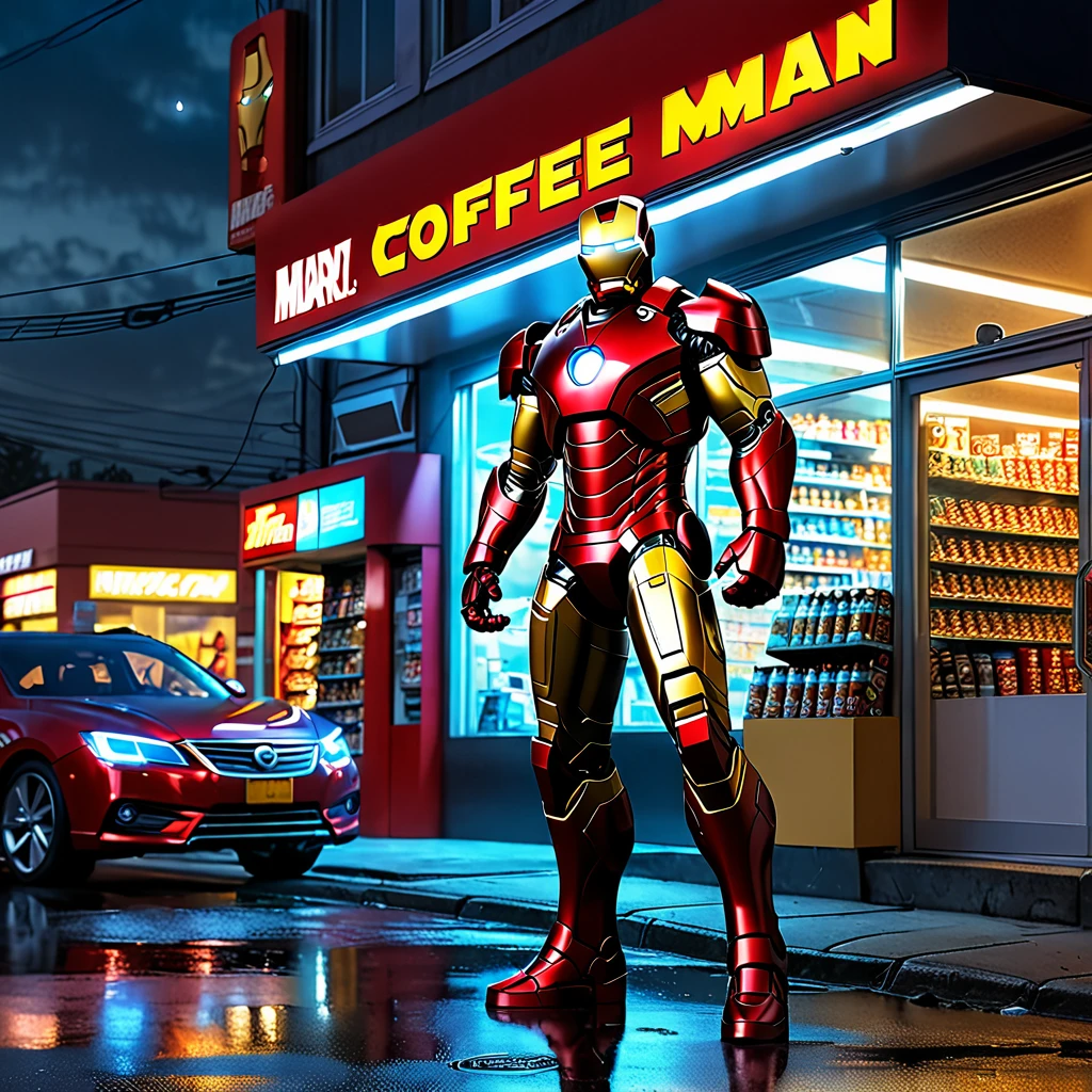 Iron Man landing outside a Convenience store at midnight, buying coffee. Big didital clock clearly visible, high-quality artwork, realistic style, vibrant colors, detailed metal armor, glowing arc reactor, intense lighting, cityscape background, heroic pose, dramatic shadows, iconic red and gold suit, steam coming from the coffee cup, dynamic motion, power lines in the composition, futuristic technology, mysterious atmosphere, sense of adventure, epic superhero.