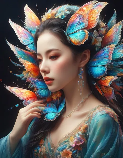 create a surreal portrait of a woman with butterfly wings, her presentation should be dreamlike and ethereal, with the vibrant, ...