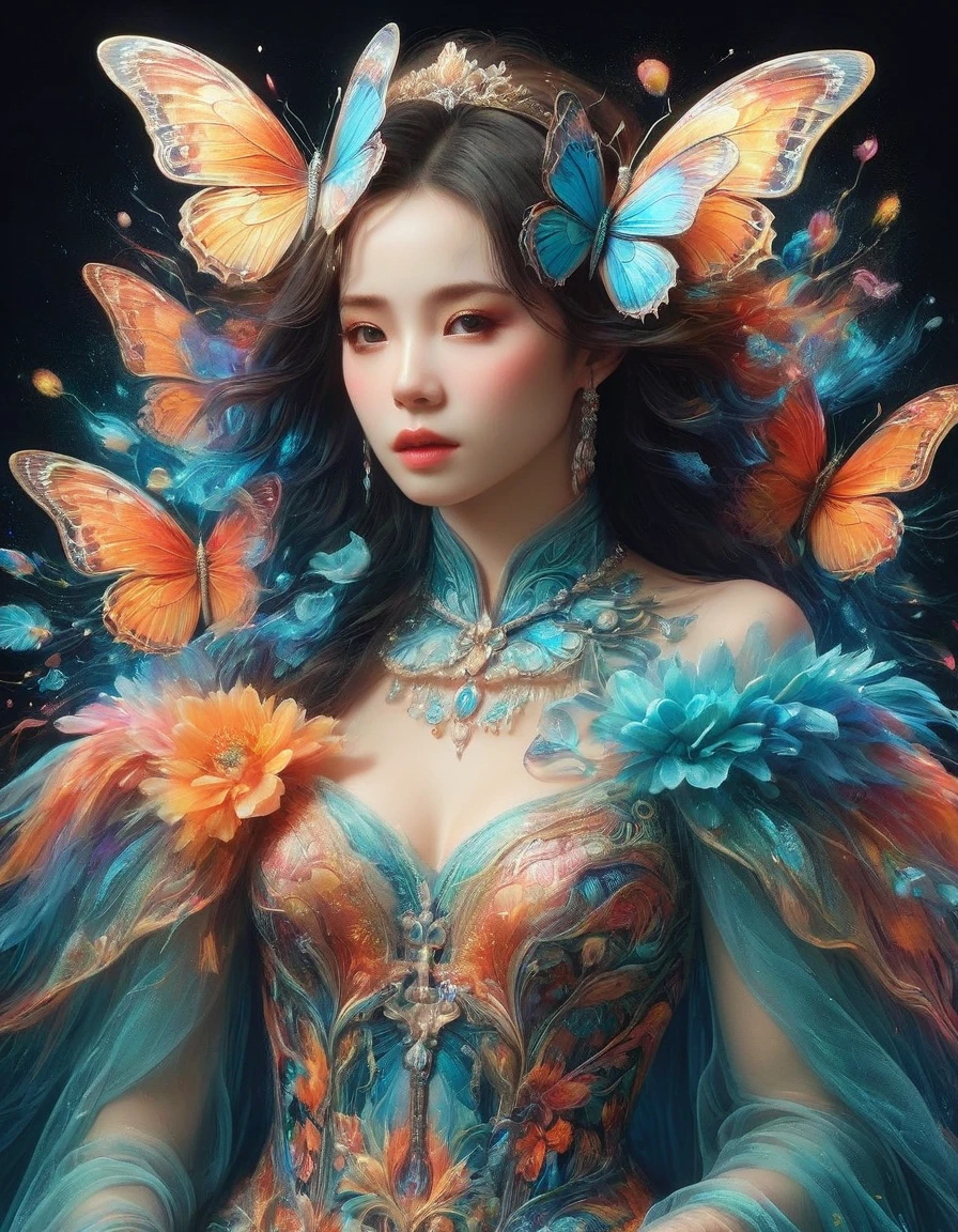 Crea un retrato surrealista de una mujer con alas de mariposa, Su presentación debe ser onírica y etérea., con lo vibrante, colores extravagantes e improbables, Arte lleno de distorsión característico del surrealismo., Un movimiento que prevaleció a principios del siglo XX., Piense en la complejidad y extrañeza que a menudo se asocian con las ilusiones visuales., Deja que su vestido fluya de una manera inquietantemente elegante., Este retrato debe capturarse como si se viera a través de una lente macro., acentuando cada línea fina y detalle elaborado, Aunque es una pieza inspirada en la fantasía., el realismo en los detalles no debe verse comprometido., Ojos en la audiencia, vista en primera persona, tirar, tiro de vaquero, HD, obra maestra, preciso, anatómicamente correcto, piel texturizada, Súper detalle, premiado, mejor calidad, 8K