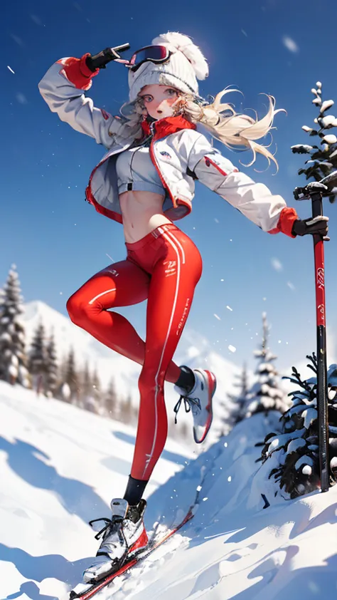 dynamic poses, full body image, super wide angle, A girl wearing fluorescent red clothes skiing in the snow, Meticulous attentio...