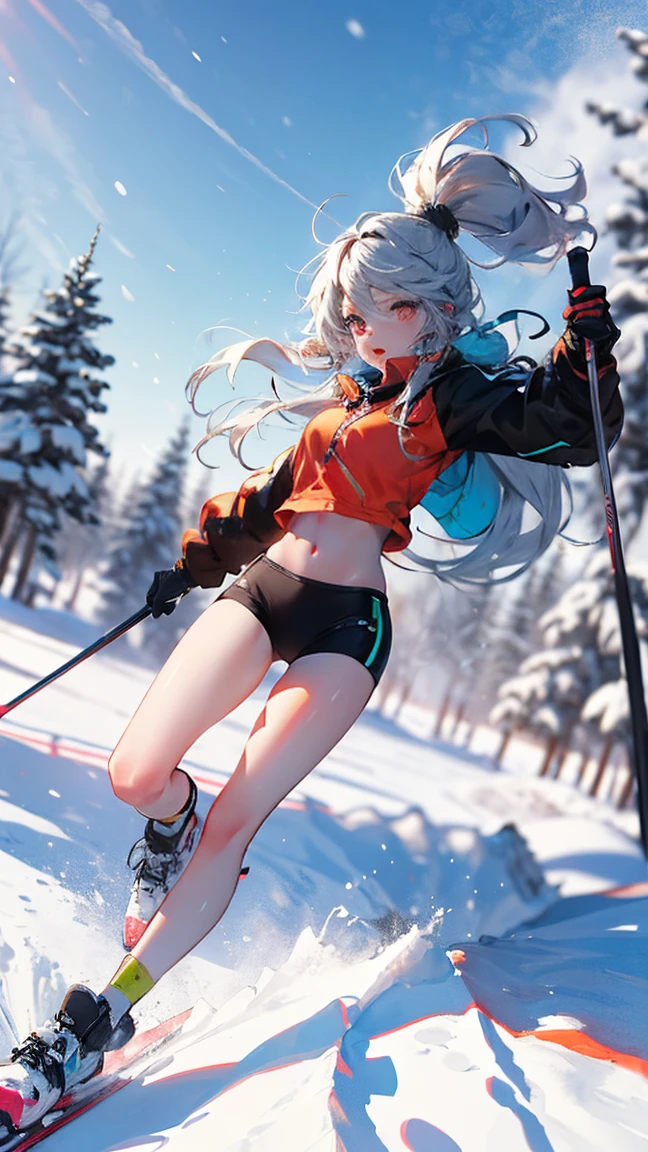 dynamic poses, full body image, super wide angle, A girl wearing fluorescent red clothes skiing in the snow, Meticulous attention to clothing and fashion, action, Gym_, exposed abdomen, (Slim:1.1), (long legs:1.3), (Slim legs:1.2), Background is snow, 3D rendering, Overclocked renderer, 8K