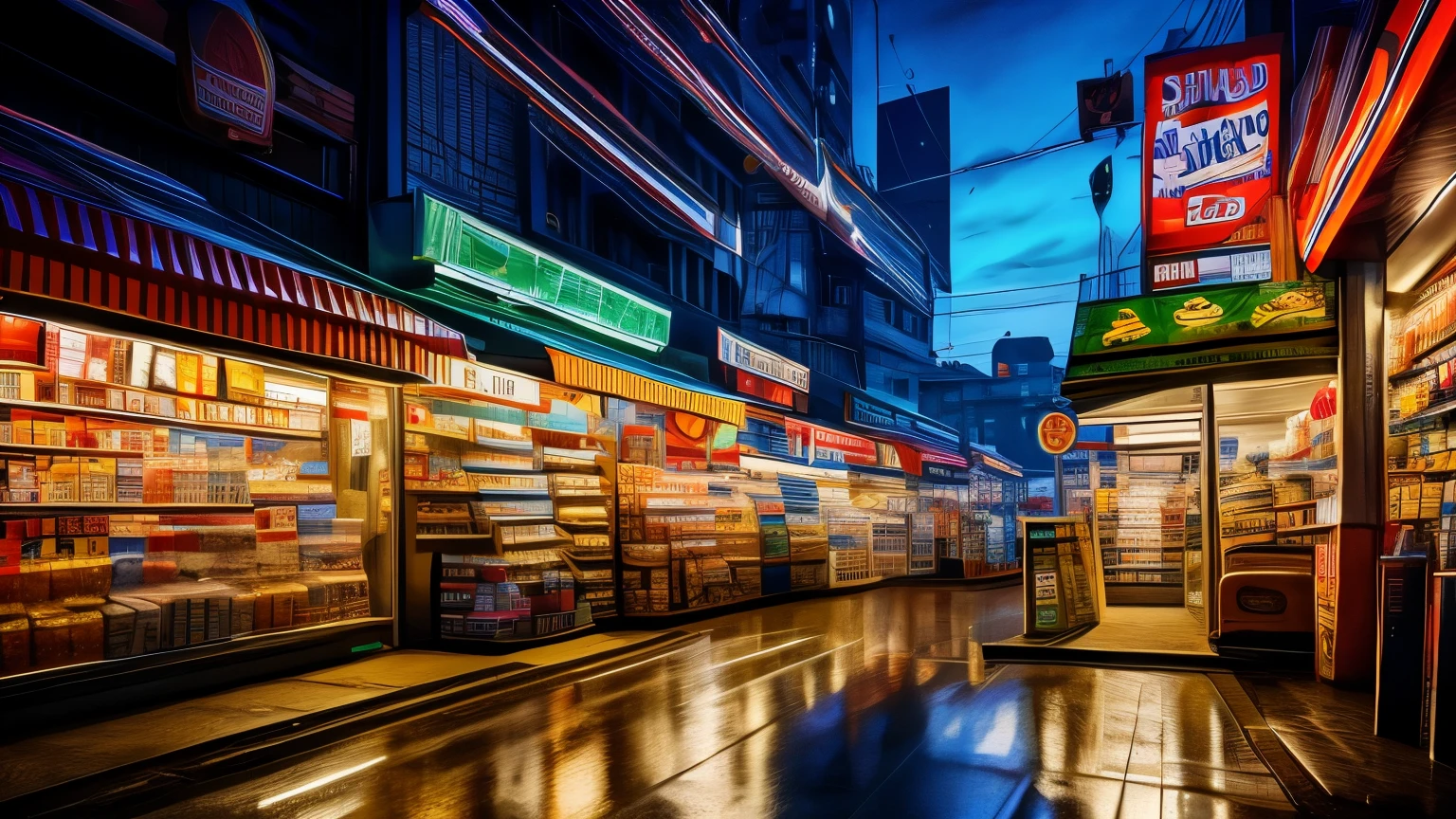 best quality, super fine, 16k, RAW photo, photorealistic, incredibly absurdres, extremely detailed, delicate, flashy and dynamic depiction, convenience store late at night, the products are neatly lined up, there is no one there, and the lights are shining brightly, midnight