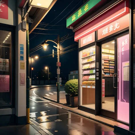 （masterpiece、need、super delicate、high resolution），3d rendering, convenience store on the road，midnight，night，street lamp，pink，gr...