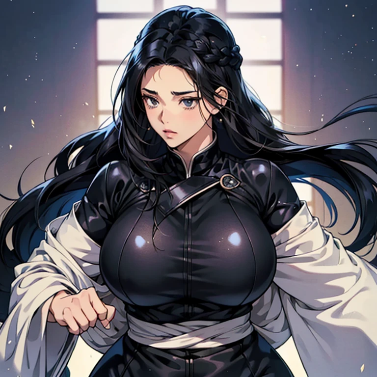 (anime moe style)),((game CG)),(masterpiece),(highest quality), (Super detailed),shape,((very delicate and beautiful)),　,sharp look,looking at the viewer,(((24 year old female)),((whole body)),detailed face and eyes,Intense eyes like jewels,(loosely braided long hair),,,(super huge breasts,long and slightly saggy breasts,）　　　　plump body　black hair, black eyes　　 Black rubber suit bleach