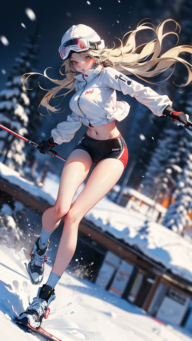 動態姿勢, 全身影像, 超广角, 穿著螢光紅衣服在雪地裡滑雪的女孩, 對服裝和時尚的細緻關注, 行动, 健身房_, 暴露腹部, (苗條的:1.1), (長腿:1.3), (苗條的 legs:1.2), 背景是雪, 3D渲染, 超頻渲染器, 8K， 大乳房