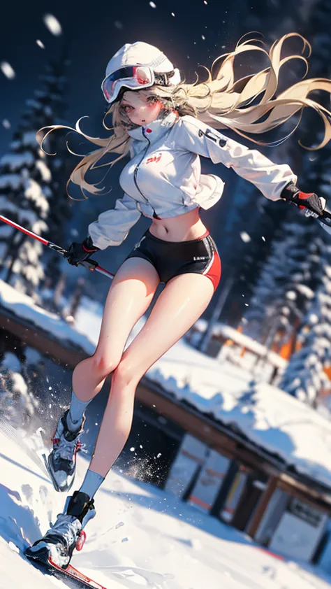 dynamic poses, full body image, super wide angle, A girl wearing fluorescent red clothes skiing in the snow, Meticulous attentio...