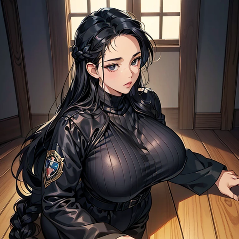 (anime moe style)),((game CG)),(masterpiece),(highest quality), (Super detailed),shape,((very delicate and beautiful)),　,sharp look,looking at the viewer,(((24 year old female)),((whole body)),detailed face and eyes,Intense eyes like jewels,(loosely braided long hair),,,(super huge breasts,long and slightly saggy breasts,）　　　　plump body　black hair, black eyes　　 Black rubber suit britches