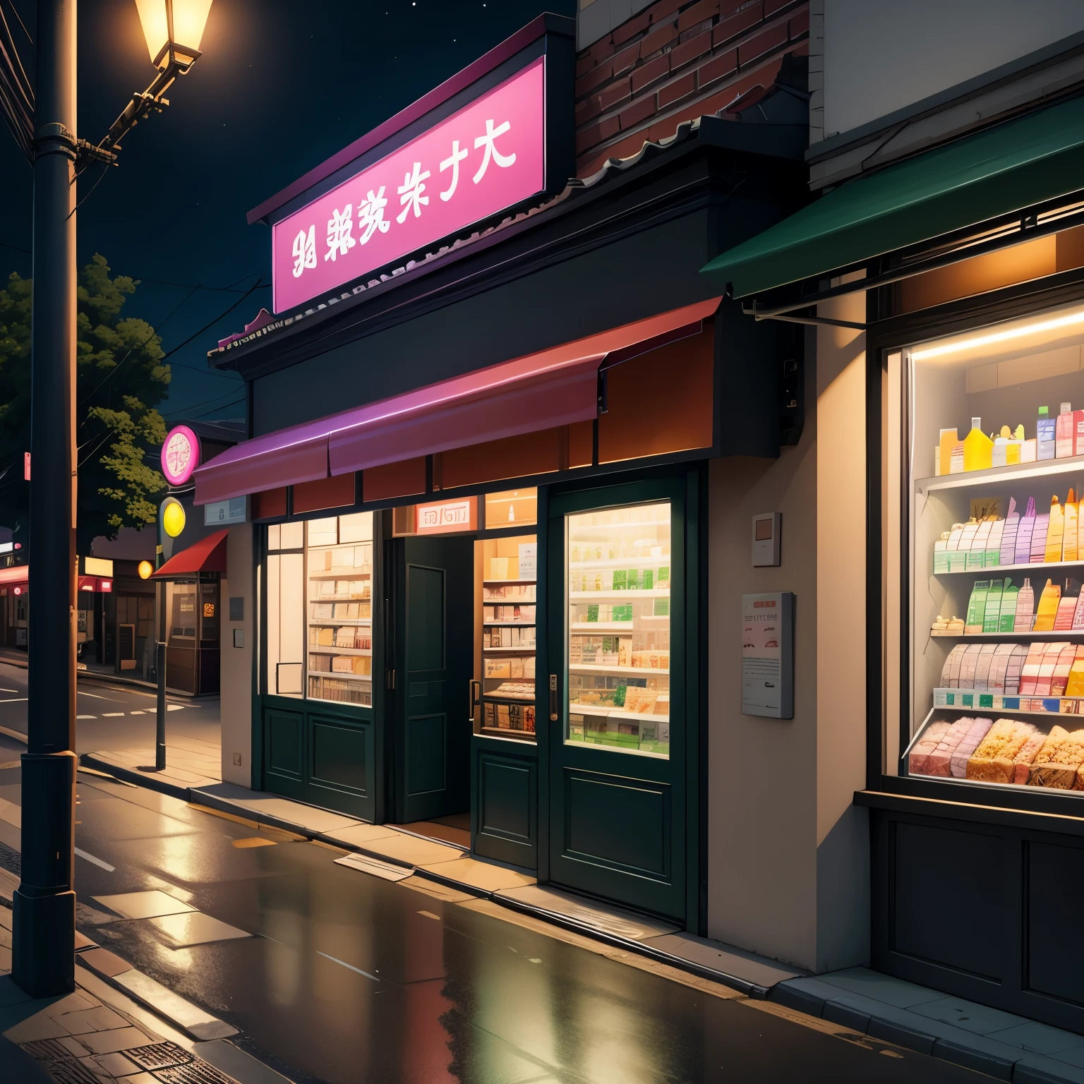 （masterpiece、need、Super delicate、high resolution），3D rendering, Convenience store on the road，moon，night，street lamp，Pink，green，glass texture、 Gradient translucent glass melt