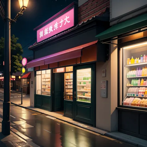 （masterpiece、need、super delicate、high resolution），3d rendering, convenience store on the road，moon，night，street lamp，pink，green，...