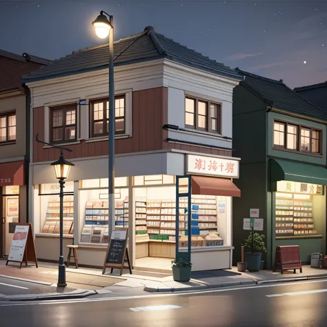 （masterpiece、need、Super delicate、high resolution），3D rendering, Convenience store on the road，moon，night，street lamp