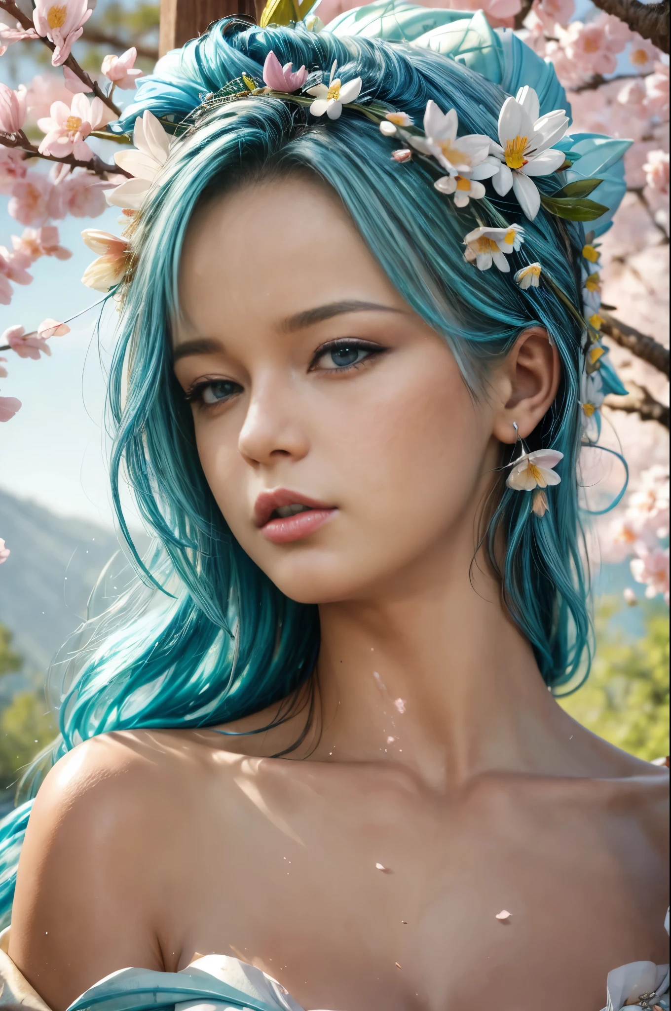 (best quality),(masterpiece:1.2), (colorful:0.9), (ink splashing),(color splashing),((watercolor)), clear sharp focus, model shot,, (portrait goddess of spring:1.5), cute expression,elegant blue colored hair, beautyfull detailed face and eyes, elegant goddess clothing, spring forest background