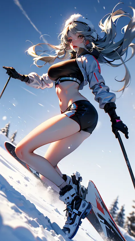 dynamic poses, full body image, super wide angle, a girl wearing fluorescent red clothes skiing in the snow, meticulous attentio...