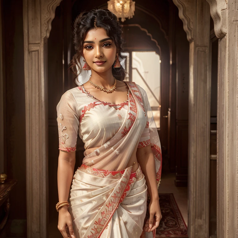 (best quality,8k,highres,masterpiece:1.2),ultra-detailed,realistic,indian woman,30 years old,full body image,glowing skin,bun hair style,looking at viewer,beautiful detailed face,Shy smile,white silk saree with red rose embroidery,detailed clothing style,day time
