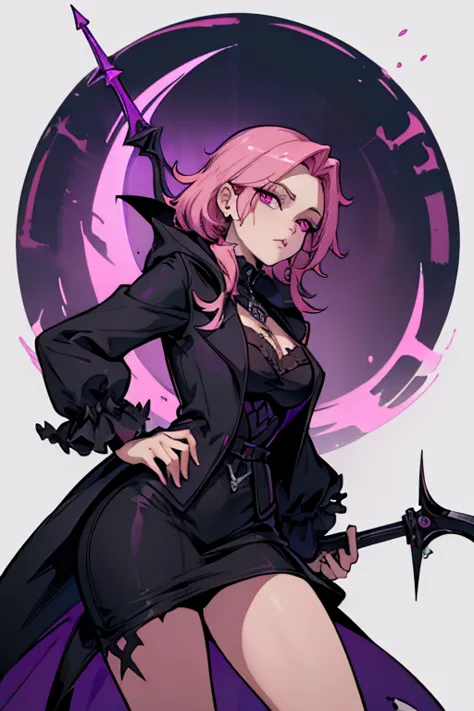 A pink haired female reaper with violet eyes and an hourglass figure wearing a Gothic rock outfit is spinning her scythe in the ...
