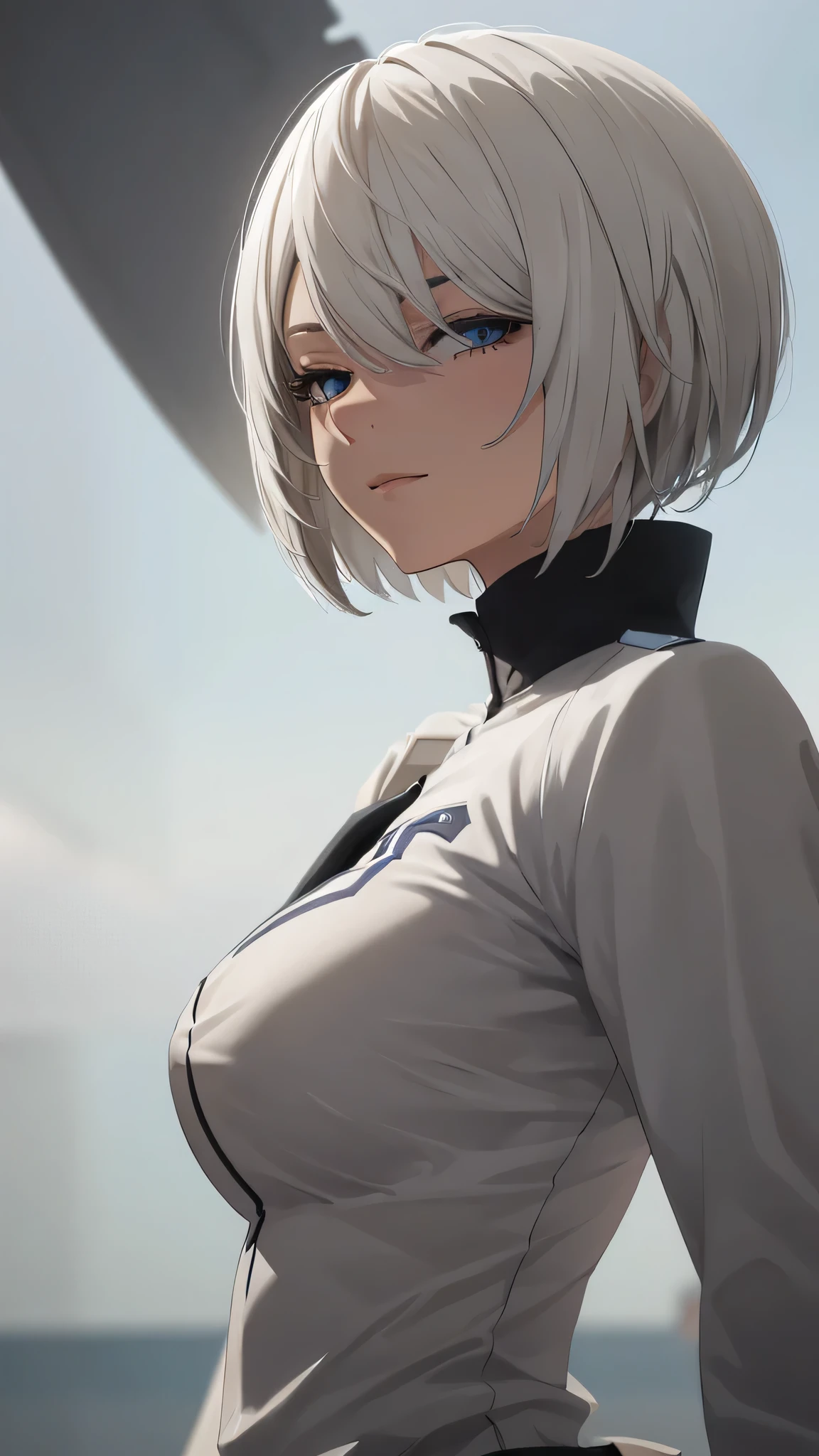 extremely detailed CG unity 8k wallpaper), (masterpiece), (best quality), (ultra-detailed), (best illustration), (best shadow), (absurdres) ,(detailed eyes), 2b, 1girl, short hair, white hair, solo, Intimidating women, admiral uniform, night, hero pose, white clothes, General Uniform, Military Uniform, Sunlight, exposed to sunlight,commander, fighting pose, wearing cape