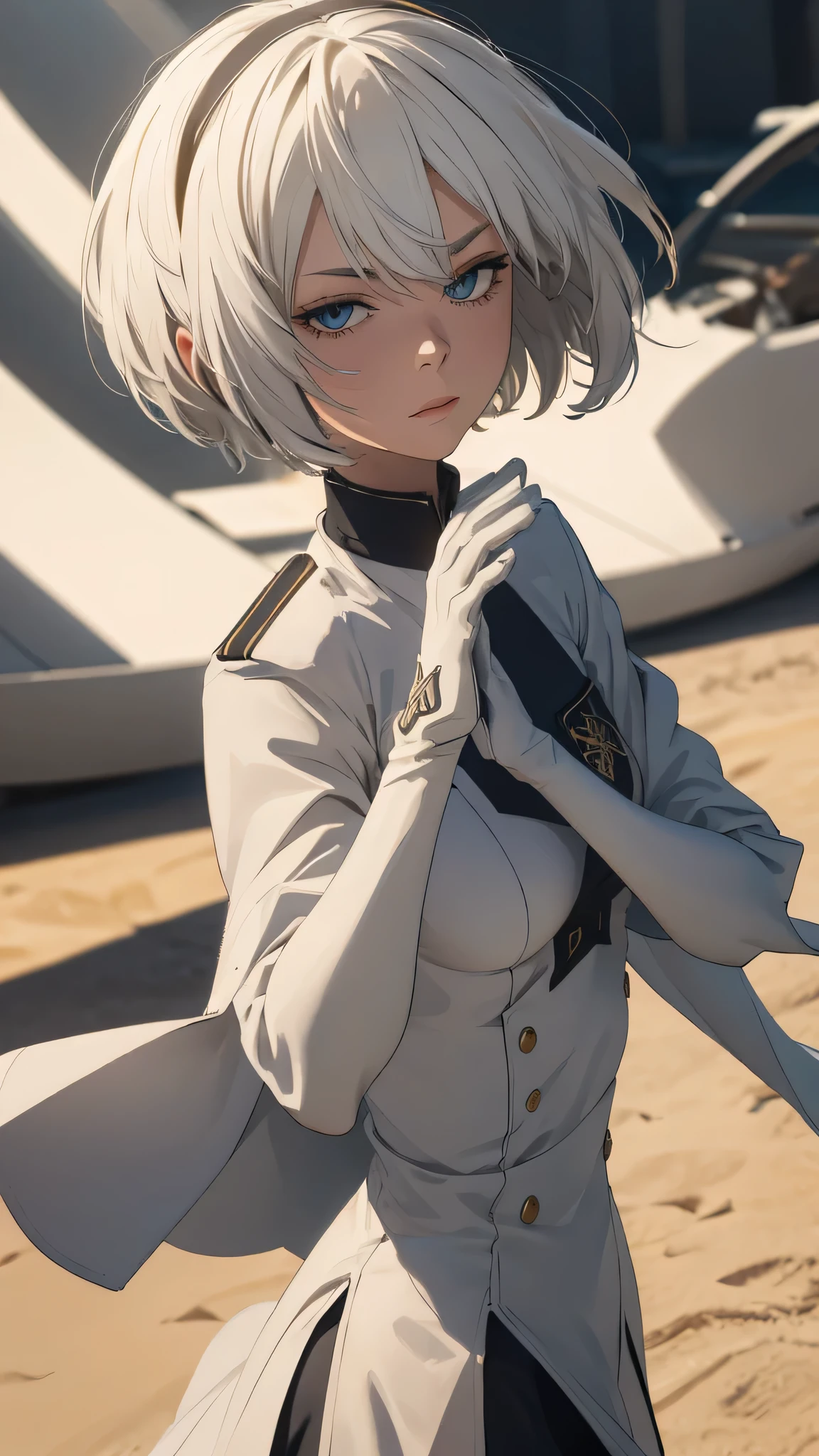 extremely detailed CG unity 8k wallpaper), (masterpiece), (best quality), (ultra-detailed), (best illustration), (best shadow), (absurdres) ,(detailed eyes), 2b, 1girl, short hair, white hair, solo, Intimidating women, admiral uniform, night, hero pose, white clothes, General Uniform, Military Uniform, Sunlight, exposed to sunlight,commander, fighting pose, wearing cape, looking_at_viewer