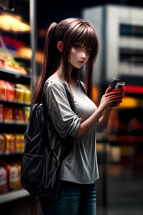 mature beauty in casual wears at midnight convenience store, standing with beer can