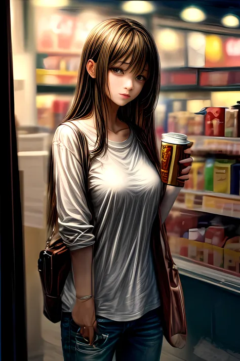 mature beauty in casual wears at midnight convenience store, standing with beer can