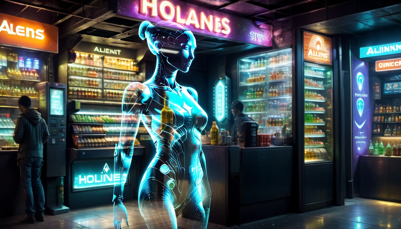 Transparent Hologram Woman,Holographic Projection,midnight convenience store, Aliens and robots drinking together, aliens, robots,detailed,futuristic city environment, post-apocalyptic