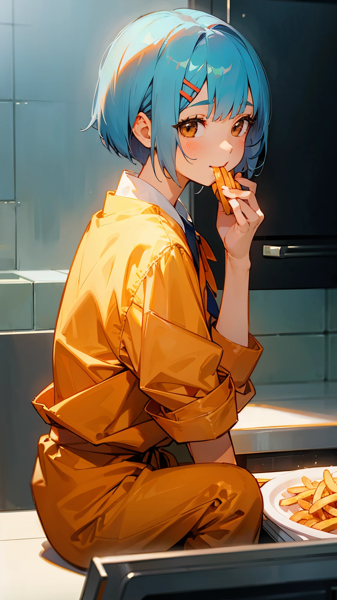 1 girl、anime picture、kitchen、Cute woman cooking delicious food、Eating French Fries、shrimp、light blue hair、short bob hairstyle、Tie your hair with an orange hair clip、Beautiful brown eyes、smile、From the side、sharp outline、background bokeh、written boundary depth