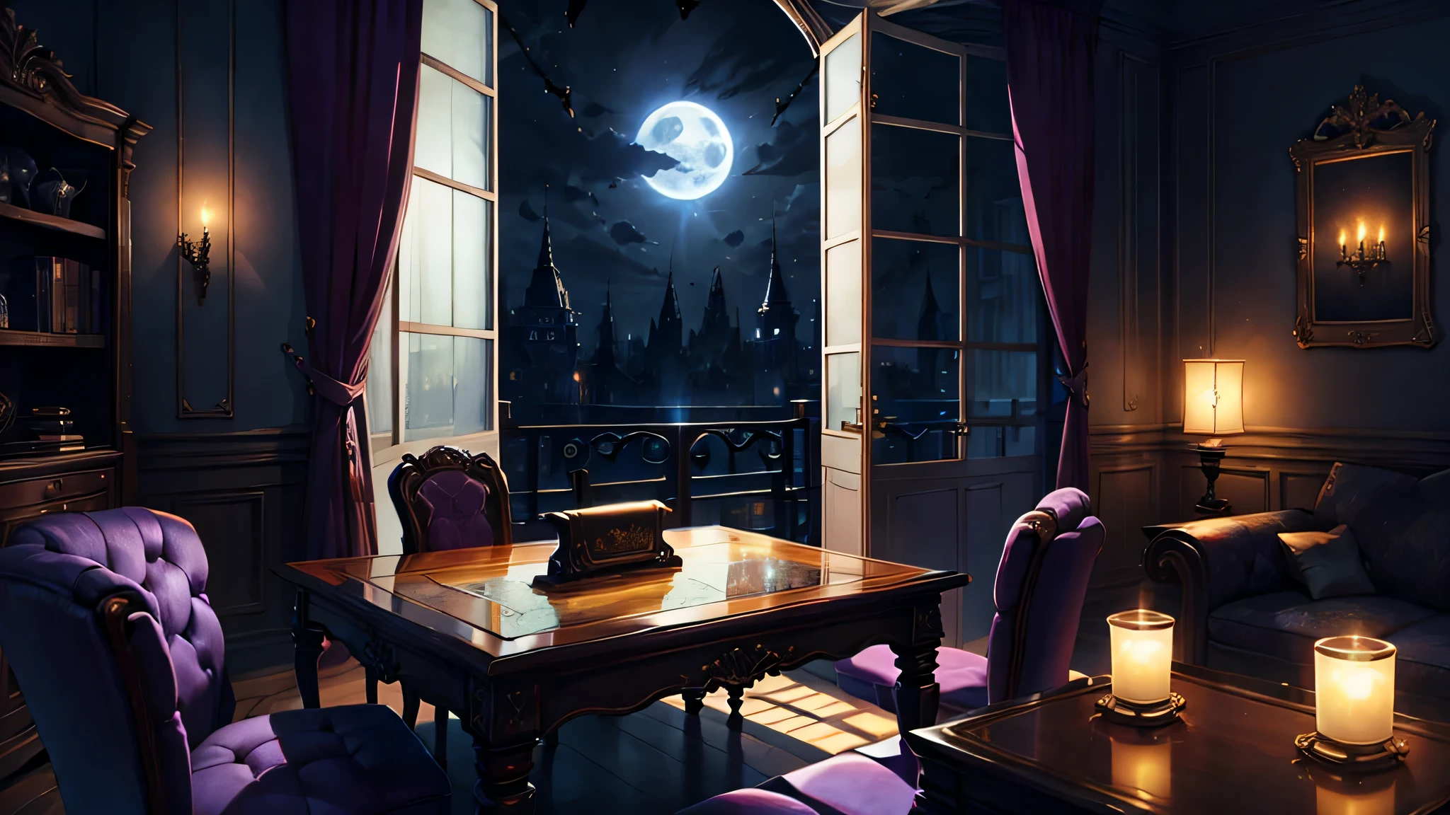 dimly lit room、Moonlight is shining through the window、Downlight、Stylish interior、There is a music box on the table、Full moon outside the window