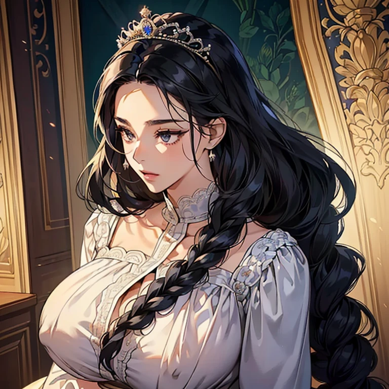 (anime moe style)),((game CG)),(masterpiece),(highest quality), (Super detailed),shape,((very delicate and beautiful)),　,sharp look,looking at the viewer,(((24 year old female)),((whole body)),detailed face and eyes,Intense eyes like jewels,(loosely braided long hair),,,(super huge breasts,long and slightly saggy breasts,nipple）　　　　plump body　black hair, black eyes　　 A special, luxurious and carefully crafted dress like a princess, gorgeous jewelry, a royal castle, a gorgeous tiara with lots of lace