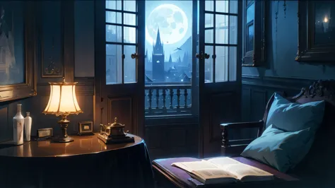 dimly lit room、moonlight is shining through the window、stylish interior、there is a music box on the table、full moon outside the ...