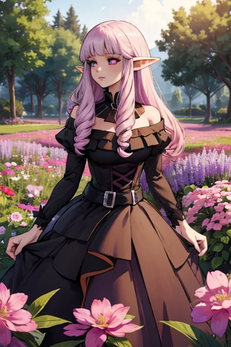 A pink haired female elf with violet eyes and an hourglass figure wearing a Gothic Elven dress is standing in a field of flowers