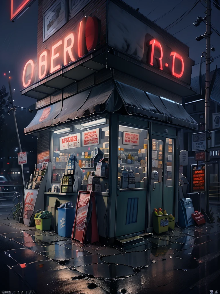 general shot, ((midnight convenience store with neon signs: 1.5)), (town, street at midnight, wind, flying papers, puddles of water in the streets, ((sign with text, "24 hour store " in neon magenta:1.3)), old cars, street lamps lighting, heavy rain, dark and cold night:1.3), masterpiece, hyper realistic, highly detailed and well defined, award-winning image, beautiful photography, CG K: 1.4 , 8k