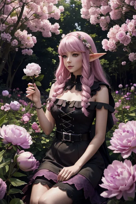 A pink haired female elf with violet eyes and an hourglass figure wearing a Gothic Elven dress is blushing with a peony in her h...