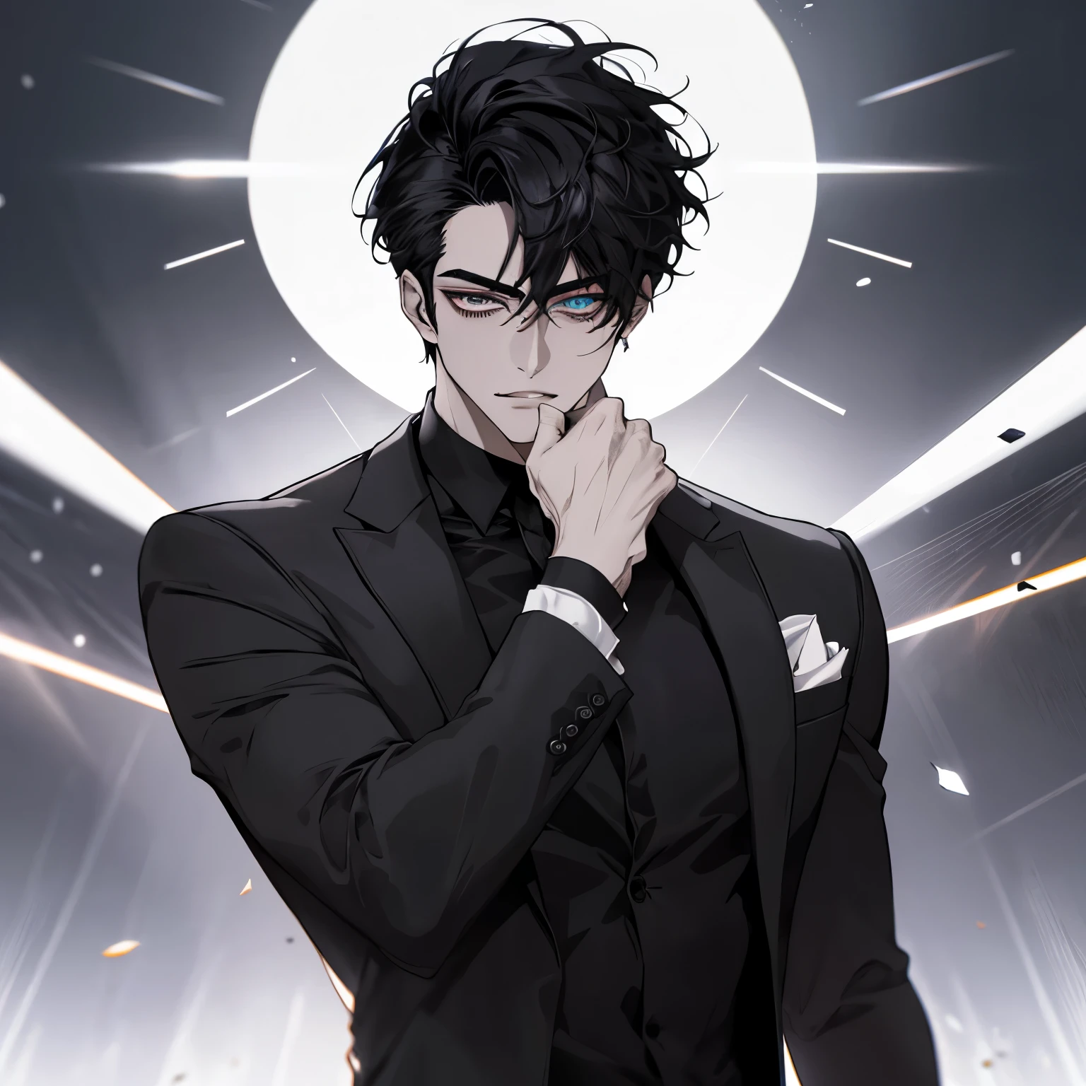 Anime guy in a suit with a black tie and blue eyes - SeaArt AI