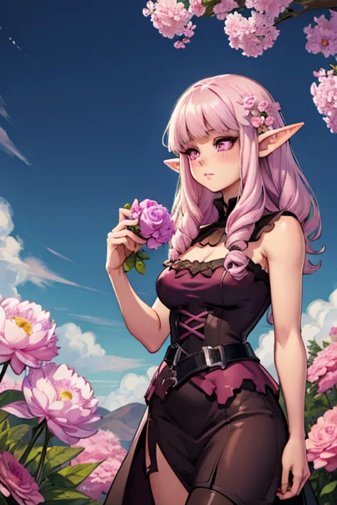 A pink haired female elf with violet eyes and an hourglass figure wearing a Gothic Elven dress is blushing with a peony in her h...