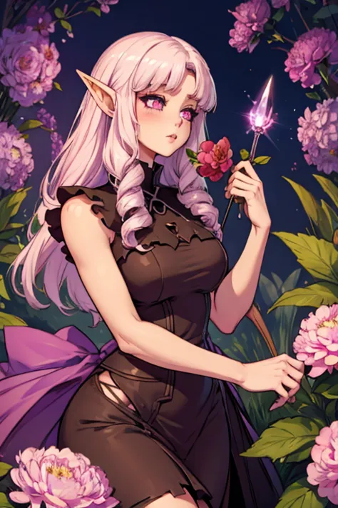 A pink haired female elf with violet eyes and an hourglass figure wearing a Gothic Elven dress is blushing with a peony in her h...