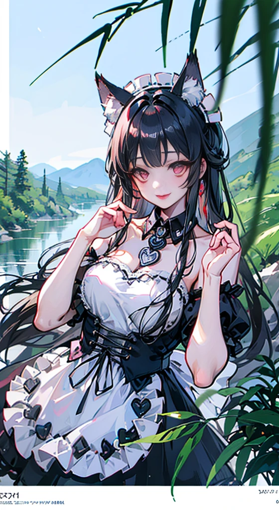 high quality, masterpiece, super detailed, extremely detailed faces, fox ears，handcuffs，collar，noshiro role play costume, role play,maid,apron,Blood-red lips，Smile，charming pink eyes, fox ears, Ridiculously big, shiny skin,Mountainside，water flow，creek，bamboo forest