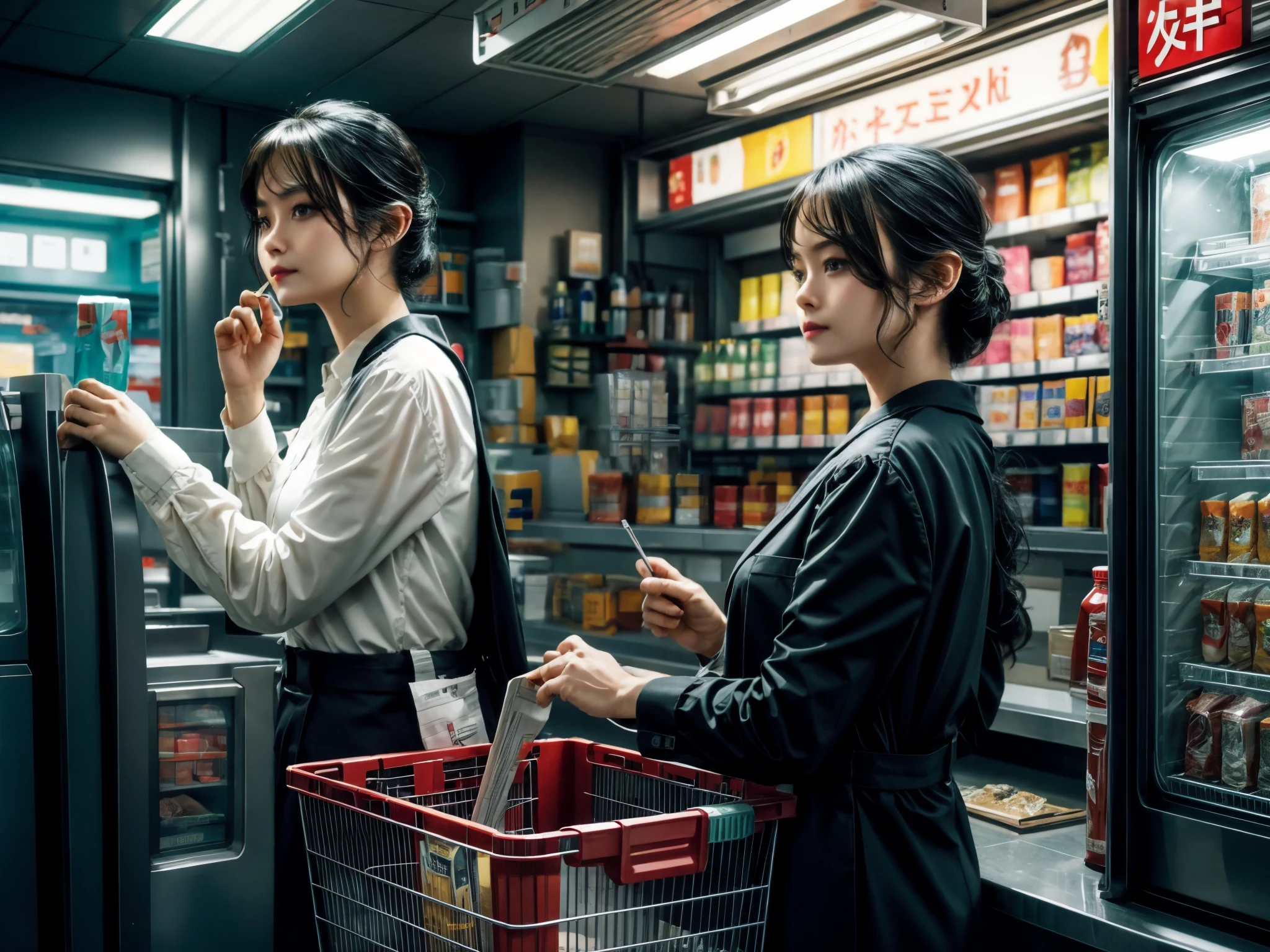 (best quality,highres:1.2),ultra-detailed,realistic,portrait:1.37,detailed eyes,detailed lips,beautiful detailed face,longeyelashes,midnight convenience store,mysterious customer,beautiful female shop assistant,dark atmosphere,glimmering streetlights,neon signs,shadows,reflection on the wet ground,impeccably clean store shelves,wide range of products,convenience store uniform,subtle smile,professional,slight curiosity in her eyes,loneliness,empty aisles,muffled conversations from afar,cigarette smoke,slight foggy effect from the cooling system,soft warm lighting,fluorescent light tubes,humming sound of refrigerators,quiet and calm ambiance,urban scene,mirrored surfaces,lonely cash register on the counter,lonely shopping basket,late-night customers rushing in,bags of snacks and drinks,cash transactions,night shift,quiet passing of time,peaceful and silent night.