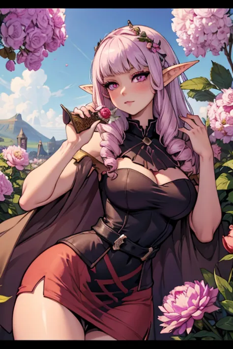 A pink haired female elf with violet eyes and an hourglass figure wearing a Gothic sexy Elven dress is blushing with a peony in ...