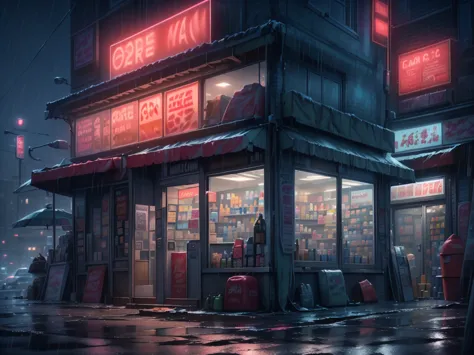 general shot, ((large midnight convenience store with neon signs: 1.5)), (town, street at midnight, wind, flying papers, puddles...