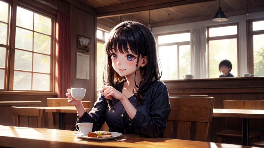 original photo, best quality), 1 girl, Kanao Tsuyuri, natural lighting, Upper body, cafes, Smile, Satosh Khan Art Style