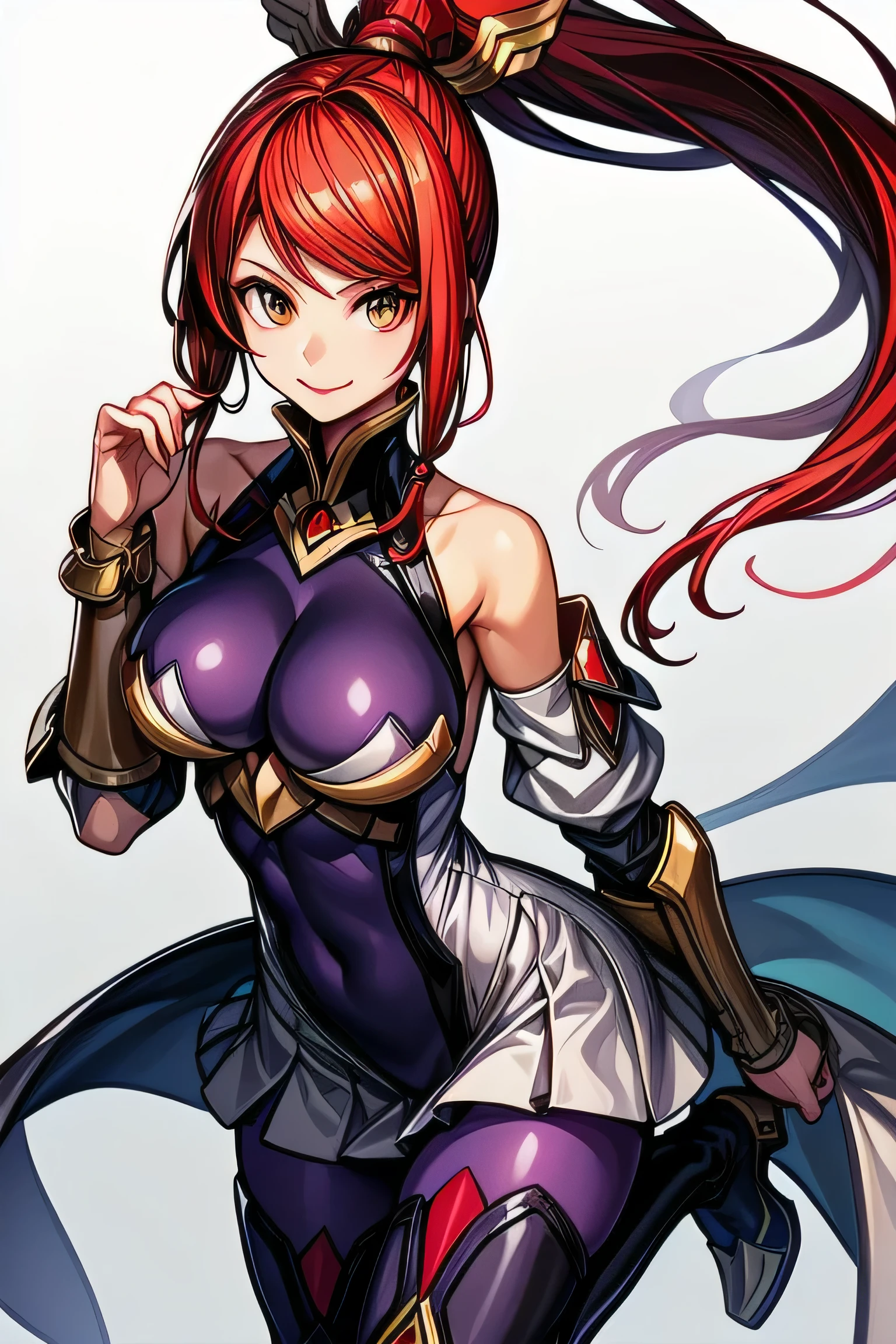 Izayoi (blazblue), orange eyes, red hair, ponytail, long hair, large breasts, armor, bodysuit, boots, skin tight, skirt, thigh boots, thighhighs, 1girl, solo, facing viewer, looking at viewer, upper body, smile,
