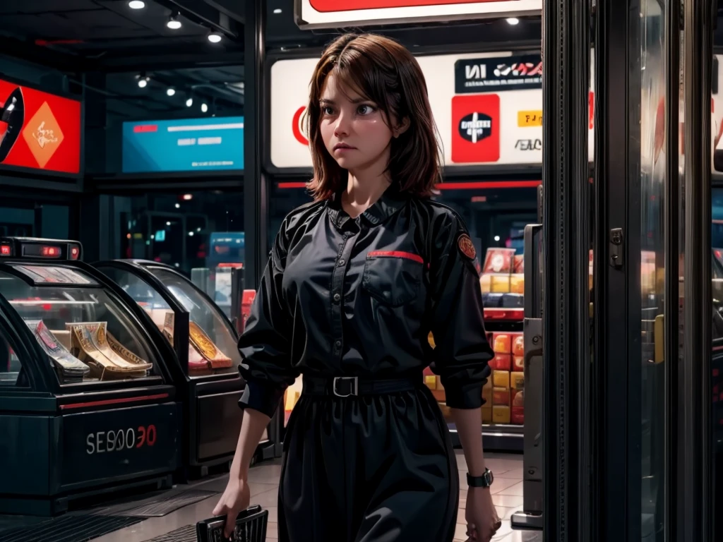 (best quality,4k,8k,highres,masterpiece:1.2),ultra-detailed,realistic,photorealistic:1.37,night scene,detailed convenience store,beautiful female cashier,mysterious customer,robbery,late night atmosphere,dimly lit interior,shadows and reflections,cold fluorescent lighting,neon signs,flickering lights,cigarette smoke-filled air,empty aisles,rows of products,shiny polished floor,security camera,loud clattering sound,masked intruder,armed thief,threatening gestures,bag of cash,frightened cashier,wide-eyed expression,nervous trembling hands,silent alarm,hidden panic button,quiet desperation,unsettling tension,suspenseful moment,unforeseen heroism,swift and daring intervention,flash of bravery,courageous actions,unexpected ending,relief and gratitude,emotional rollercoaster,striking composition,engaging narrative,photography-like quality,lush colors,contrasting light and shadow,crime movie aesthetic,blurry background,emphasis on details