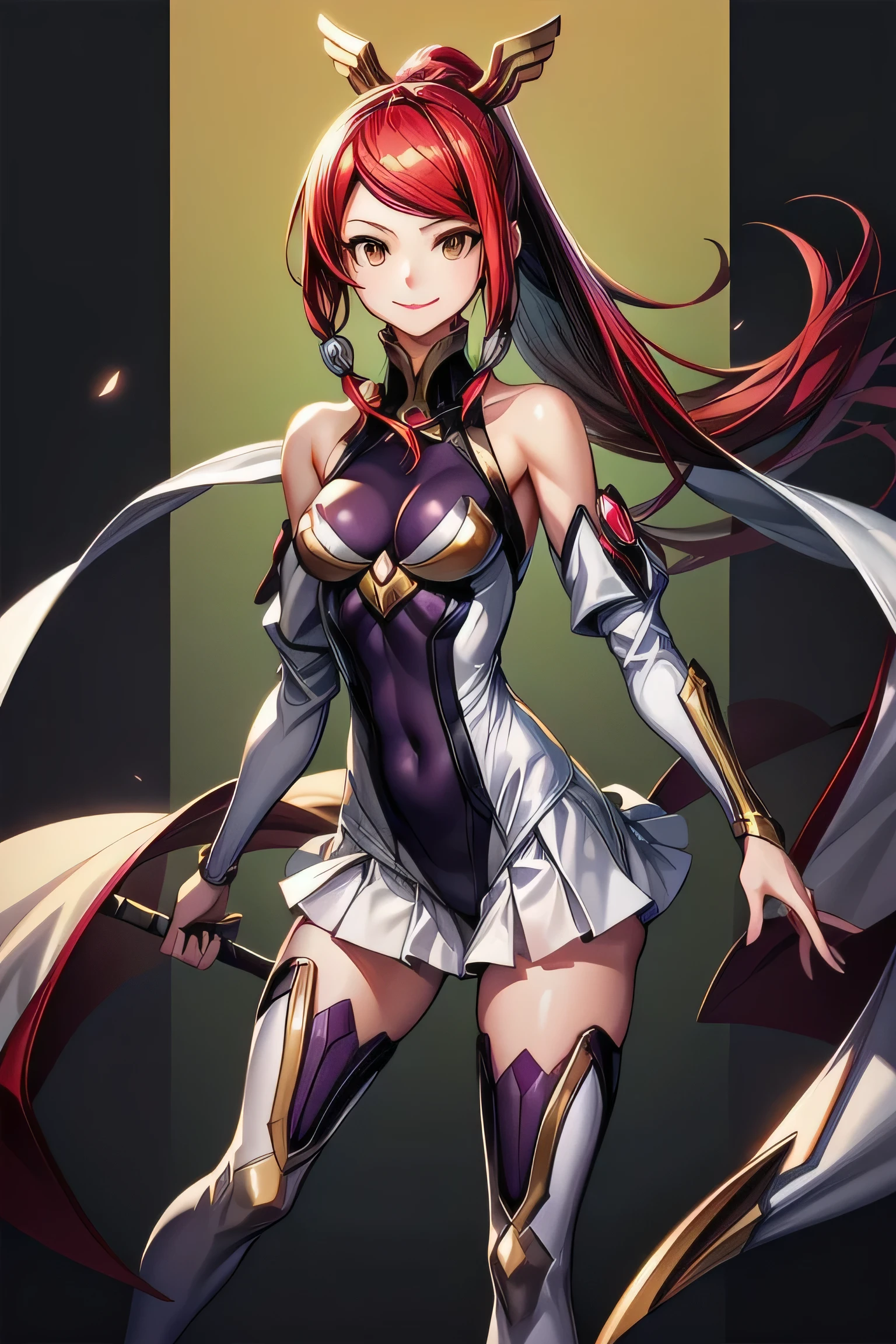 Izayoi (blazblue), orange eyes, red hair, ponytail, long hair, Small breasts, armor, bodysuit, boots, skin tight, skirt, thigh boots, thighhighs, 1girl, solo, facing viewer, looking at viewer, upper body, smile, 
