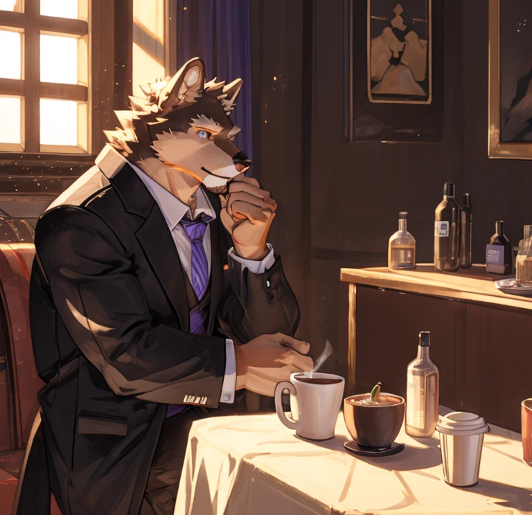 It's just a normal day drink coffee in the living room, black coat, purple shirt, look out window,  (best quality), (ultra detailed), a big adult, chill face, cool pose, long snout