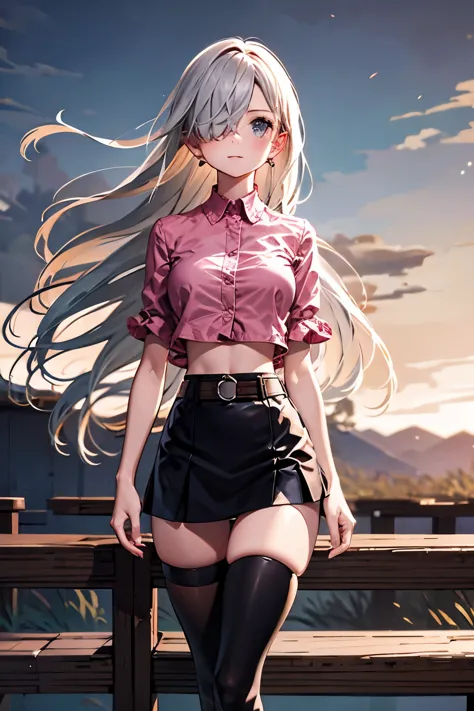 elizabeth,silver hair, hair over one eye, midriff, black skirt, asymmetrical legwear, black thighhigh, pink shirt, , belt, minis...